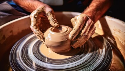 Potter&rsquo;s hands shaping wet clay