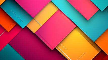 A vibrant geometric design with overlapping squares of bright colors.
