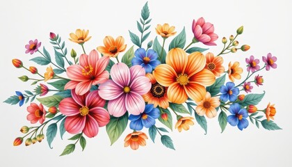 Fototapeta premium Vibrant Colorful Floral Bouquet Illustration featuring Dahlias Cosmos and other blooms perfect for Spring Summer designs
