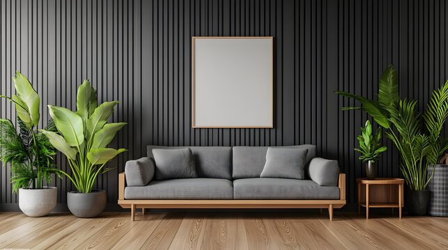 Blank A3 Poster Frame Mockup on Wall with Sofa and Green Plants