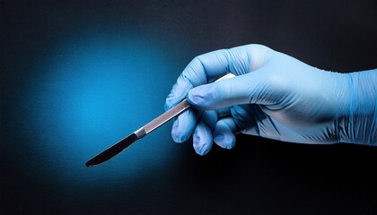 Surgeon&rsquo;s glove hand holding a scalpel, OR lighting, latex texture.
