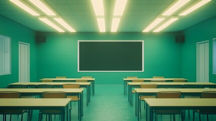 Empty classroom with desks chairs blackboard and fluorescent lights in green tone.