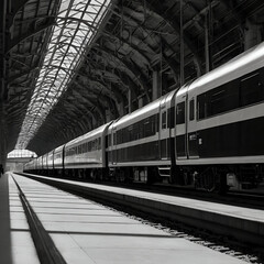 Fototapeta premium Train at a Grand Railway Station (Black and White)