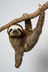 Closeup of a Brown and White Sloth Hanging from Tree Branch Against Light Gray Background