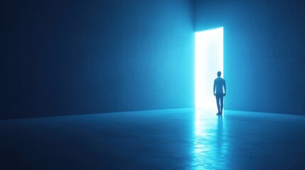 Obraz premium A silhouetted figure walks toward a brilliant, glowing doorway in a dark, minimalist space, evoking hope and transition
