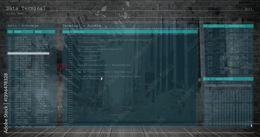 Poster digital code and data processing animation over industrial urban background