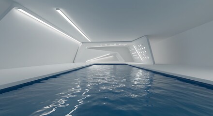 Abstract smooth future interior swimming pool with blue water. Architectural background. 3D illustration and rendering