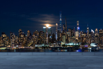 Obraz premium Skyscrapers Cityscape Downtown, New York Skyline Buildings. Beautiful Real Estate. Night time. Empty rooftop View. Success concept.