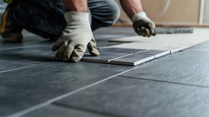 A tile installer placing tiles on a kitchen floor. Featuring precision and technique