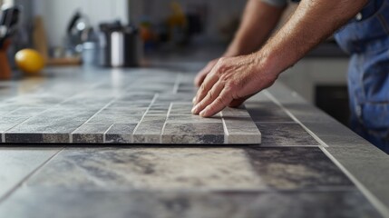 A tile setter adjusting tiles on a kitchen countertop. Featuring careful positioning and precision