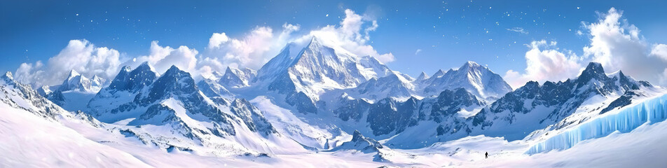 Obraz premium Breathtaking panoramic view of majestic snow-capped mountains under a clear blue sky, showcasing nature's serene beauty and grandeur.
