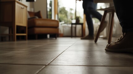 A tile setter applying grout to floor tiles in a living room. Featuring focus and accuracy