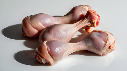 Uncooked chicken legs placed neatly on a white backdrop