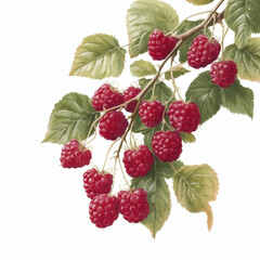 Fresh red raspberries on green leafy branch