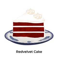 Bright and colorful illustration of a birthday cake slice with layers of frosting and sprinkles Redvelvet Cake