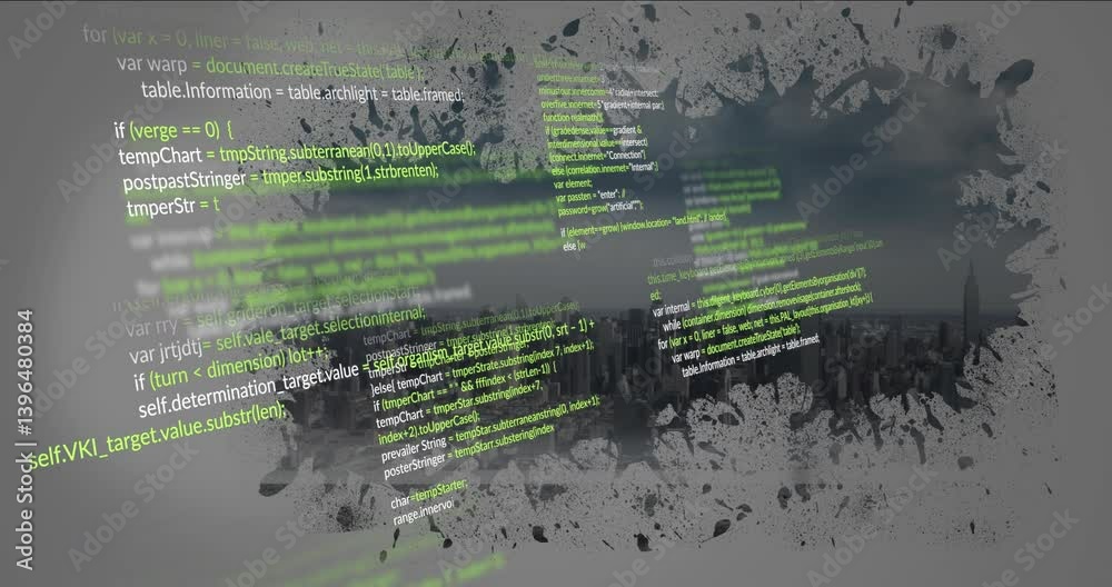 Aufkleber cityscape with green code snippets and abstract paint splatter animation overlay