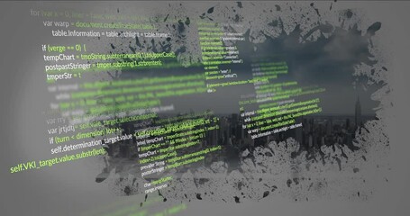 Cityscape with green code snippets and abstract paint splatter animation overlay - Powered by Adobe