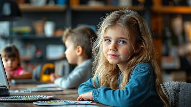 Two children are engaged in various creative activities in a warm, inviting interior. The space is filled with colorful decor, enhancing an enjoyable afternoon.