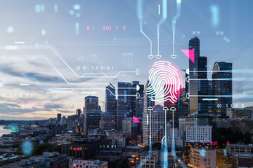 Cityscape with holographic fingerprint overlay, digital cybersecurity concept on an urban background. Double exposure