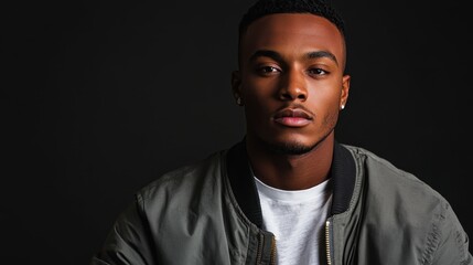 Obraz premium Striking portrait of a handsome man with a confident gaze, wearing a dark jacket against a black background. Dramatic lighting emphasizes his features