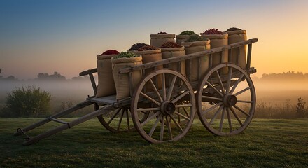Fototapeta premium Vintage Cart Filled with Burlap Sacks on Green Grass Field