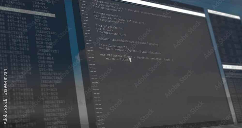 Poster displaying animation of code on computer screen with cityscape reflection