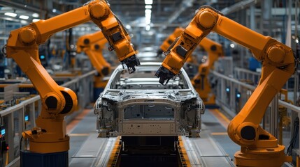 Robotic arms precisely assemble a vehicle body in a high-tech automotive factory