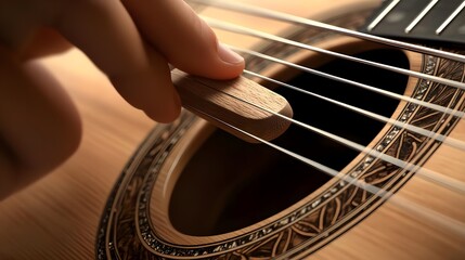 Obraz premium Close-Up of a Person Plucking Strings on a Wooden Guitar