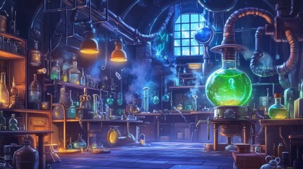 An alchemist laboratory filled with beakers bottles and glowing liquids under dim light.