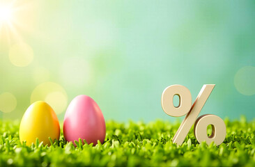 Colorful painted Easter eggs and wooden percent sign on a sunny green grass background with copy space. Easter eggs sale, discounts, special offers.