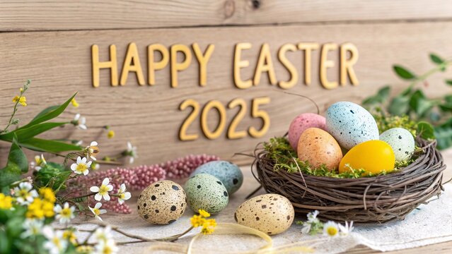 Rustic Happy Easter 2025 Greeting with Colorful Speckled Eggs in Natural Nest