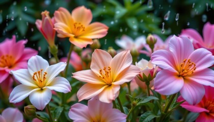 Naklejka premium Rainy Day Blooms Flowers against a backdrop of soft rain, with droplets adding an element of freshness and vitality to the scene.