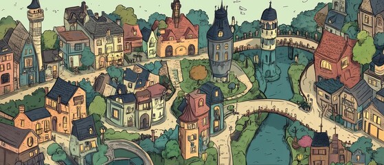 Obraz premium Illustration of a village with various buildings trees and a river.