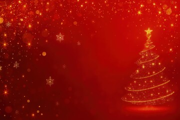Elegant Christmas tree made of golden sparkles on a red background with glowing stars and snowflakes, perfect for holiday cards, ads, banners, and festive greetings