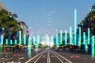 Cityscape of Washington DC with holographic stock data overlay. Double exposure