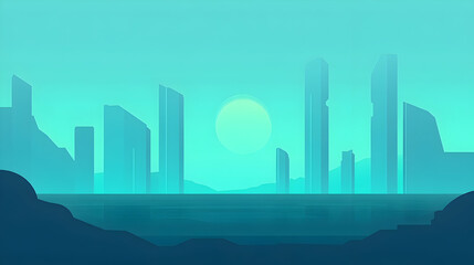 Fototapeta premium A futuristic city skyline by a tranquil teal sea.