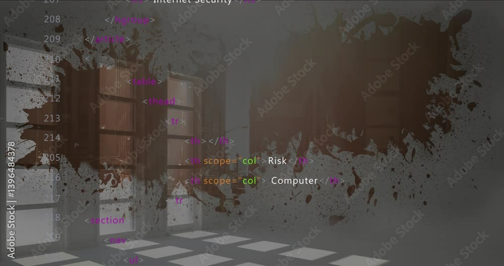 Poster animation of spyware text over computer code on dark splatter background