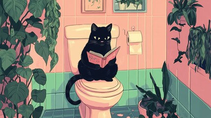 A black cat sits on a toilet, reading a book in a pastel bathroom.