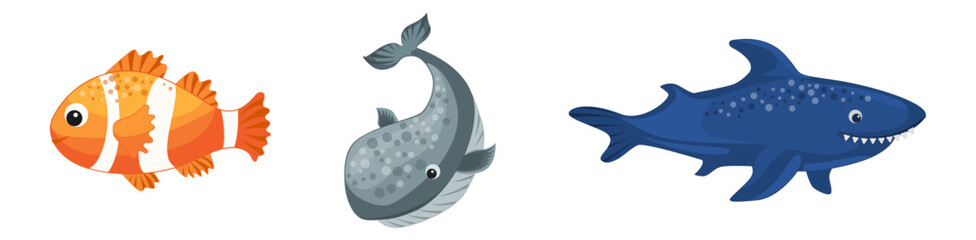 Vector ocean fish set of Whale
