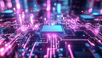 Fototapeta premium vibrant abstract futuristic chip on circuit board, illuminated with glowing pink and blue lights, creates captivating technological scene