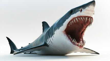 A strikingly detailed great white shark with its mouth wide open, revealing rows of sharp teeth. Dramatic and powerful
