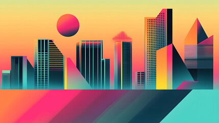 Fototapeta premium A vibrant, stylized cityscape at sunset.