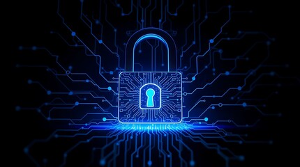 Cybersecurity Blueprint: A digital padlock glows amidst an intricate network of illuminated circuits, symbolizing security and data protection in the digital world. 