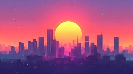 Fototapeta premium A vibrant cityscape at sunset, featuring a large, bright yellow sun.
