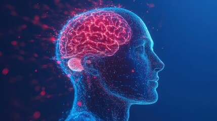Obraz premium A glowing, wireframe human head in profile, revealing a detailed, illuminated brain within. Blue and red particles drift around it
