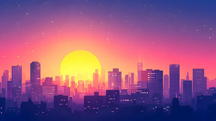 Naklejka premium A vibrant cityscape silhouette at sunset, bathed in pastel hues.