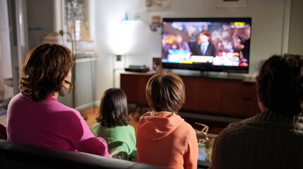 Family watching TV together in cozy living room.