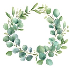 Fototapeta premium Watercolor silver eucalyptus wreath, simple clipart, tender green colors on a white background, clean edges and smooth lines, 