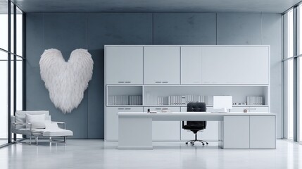 Bright, modern office space with natural light, gray wall, and unique heart decor