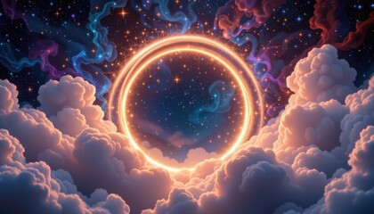 Obraz premium Galactic Cloud Ring A cosmic scene featuring a glowing ring of stardust around colorful clouds, with twinkling stars peeking through.